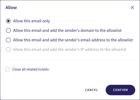 Email Security ticket allow options