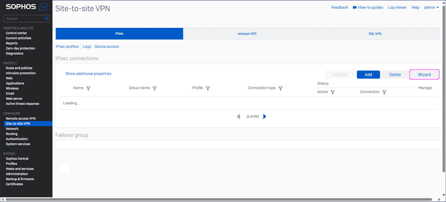 Sophos console - site-to-site VPN IPsec wizard button