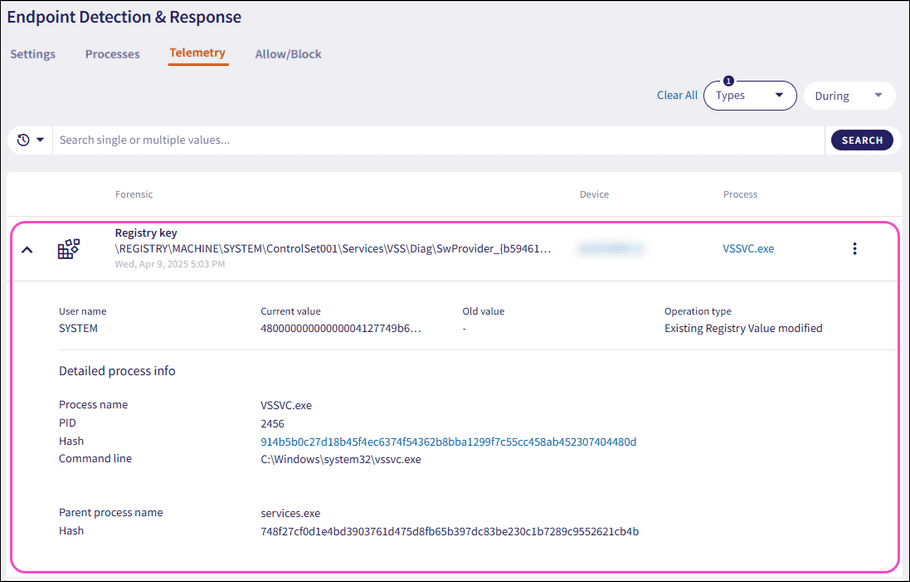Registry key detailed process info