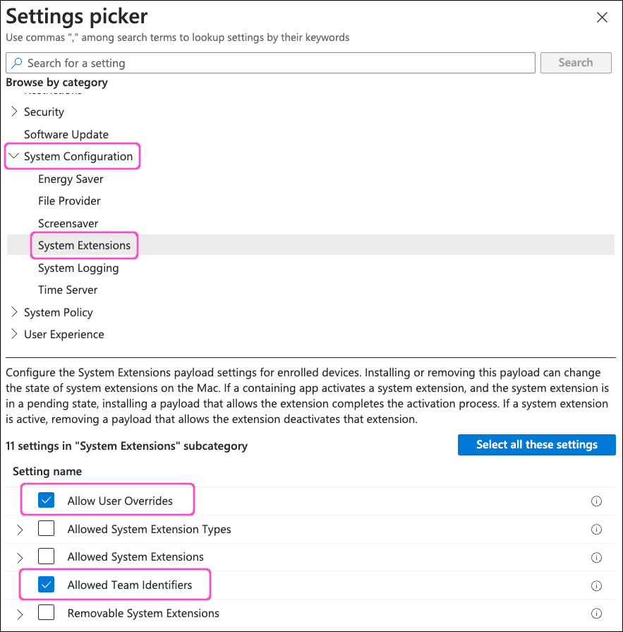 Select System Extension settings