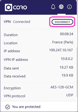 VPN connected with option to disconnect