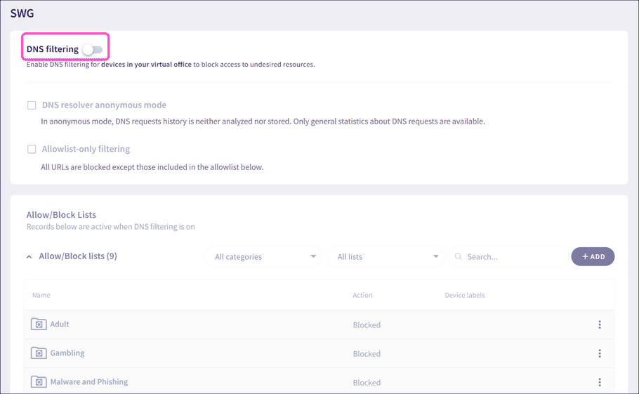 Enable DNS filtering