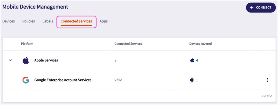 Connected services tab
