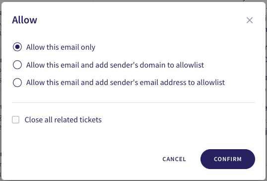 Email Security ticket allow options