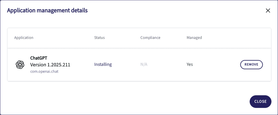 Application details dialog