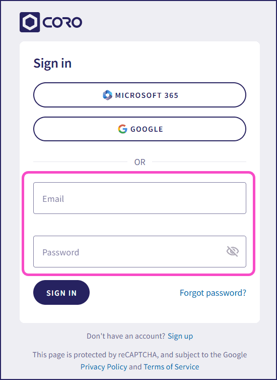 Coro console sign-in