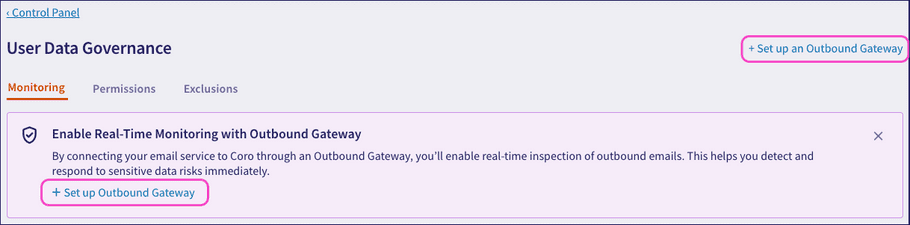 Monitoring Tab with unconfigured outbound gateway banner