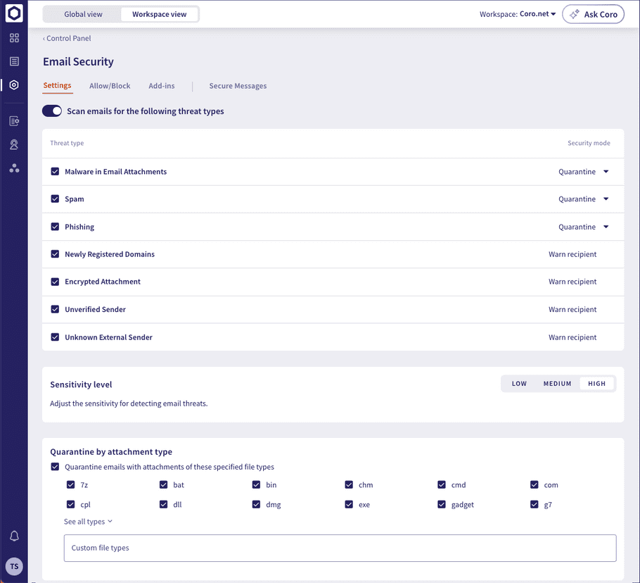 Email settings tab