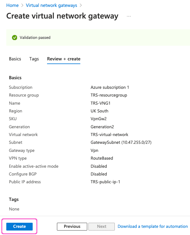 Azure Create virtual network gateway - Create gateway