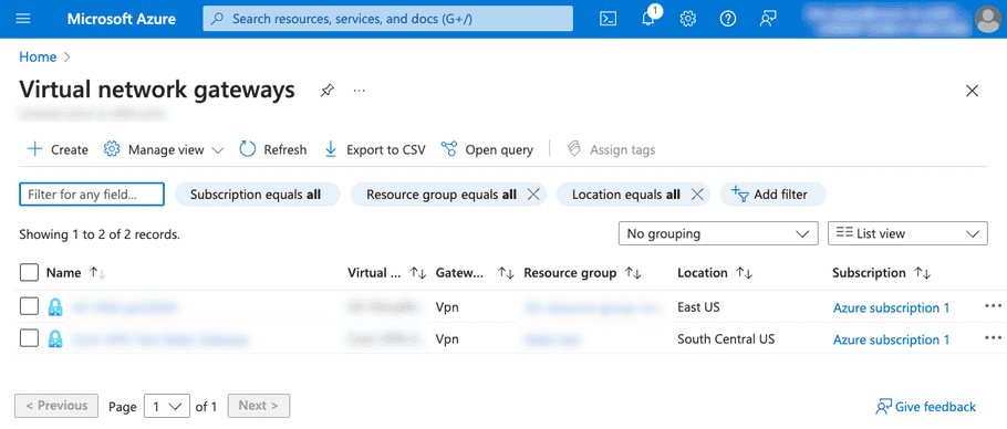 Azure virtual network gateways list