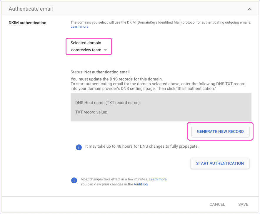 Selecting the GENERATE NEW RECORD button
