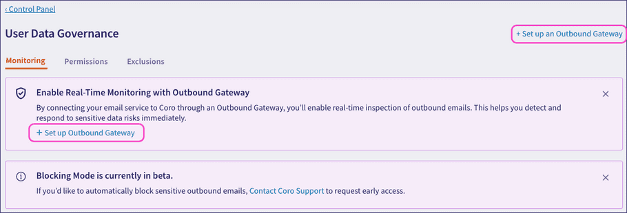 Monitoring Tab with unconfigured outbound gateway banner