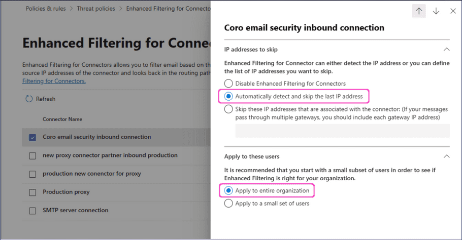 Selecting enhanced filtering options for the Coro connector