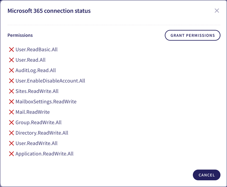 M365 missing permissions dialog