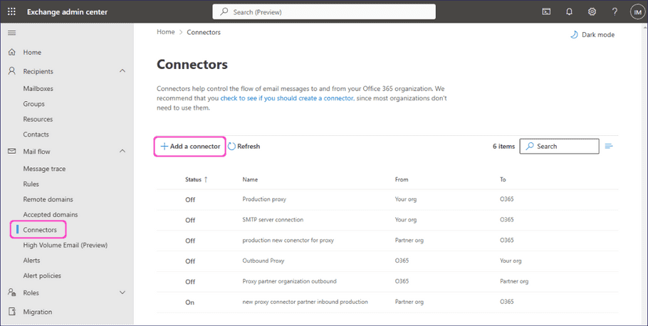 Adding a new mail flow connector