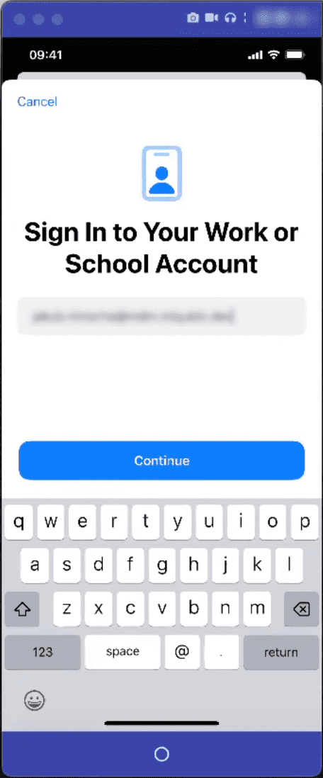 iOS device Work or School account sign-in page