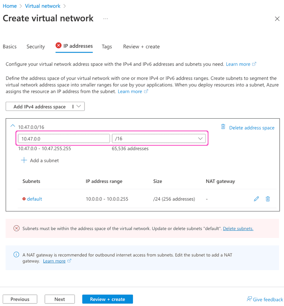 Azure Create virtual networks - IP addresses tab