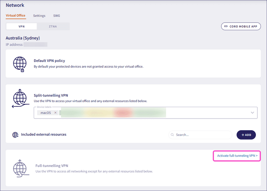 Activate full-tunneling vpn