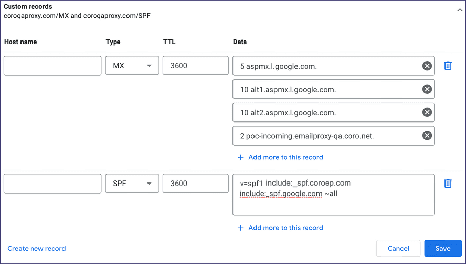 Outbound Gateway DNS SPF record example