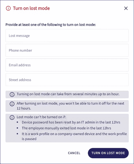 lost mode dialog for Android