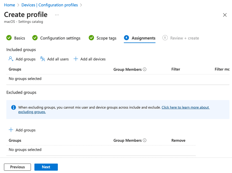 Create profile dialog - Assignments