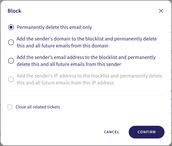 Email Security ticket block options