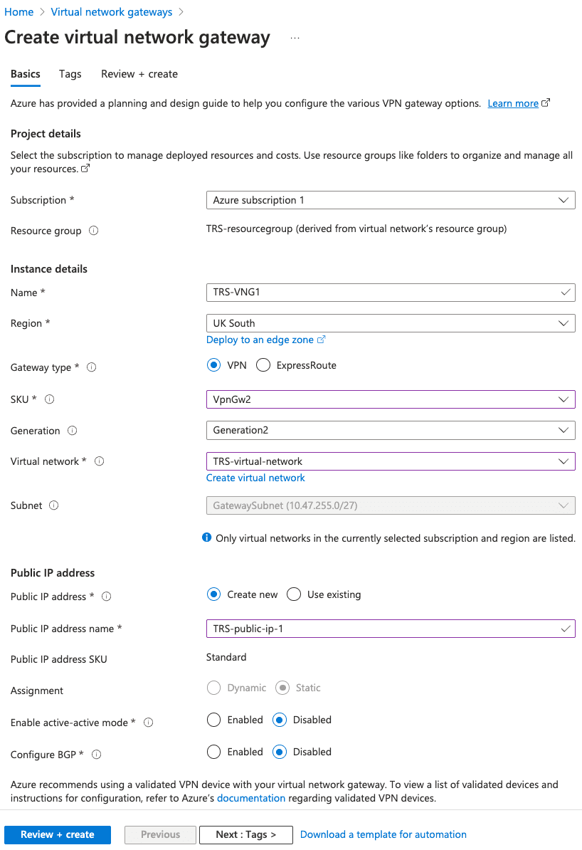 Azure Create virtual network gateway - Basics tab