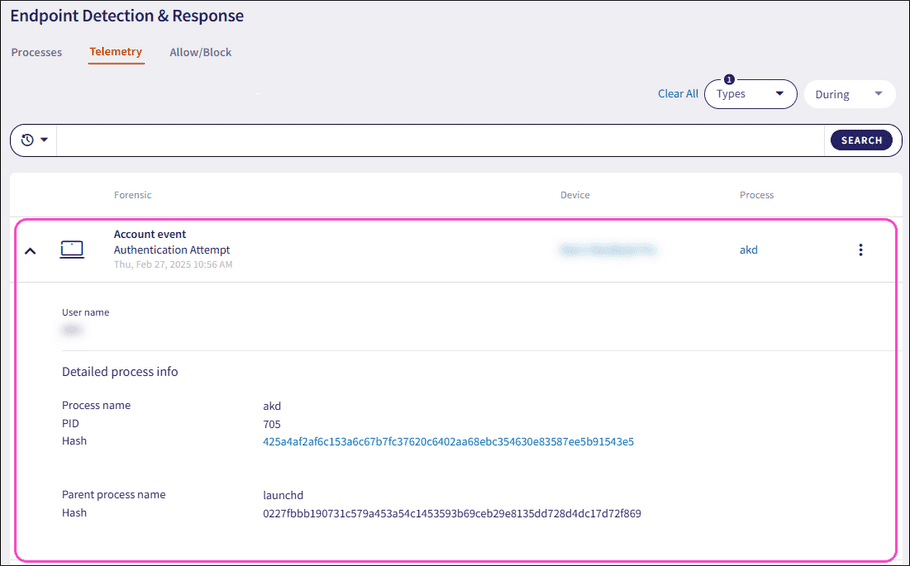 Account event detailed process info