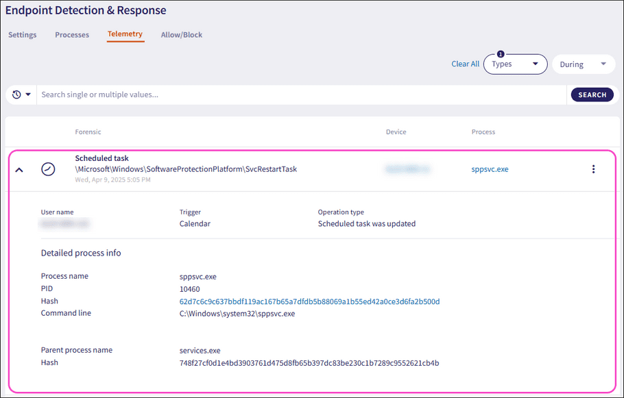Scheduled task detailed process info