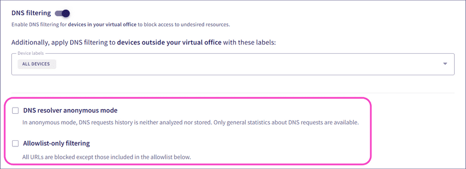 DNS resolver anonymous mode and allowlist-only filtering
