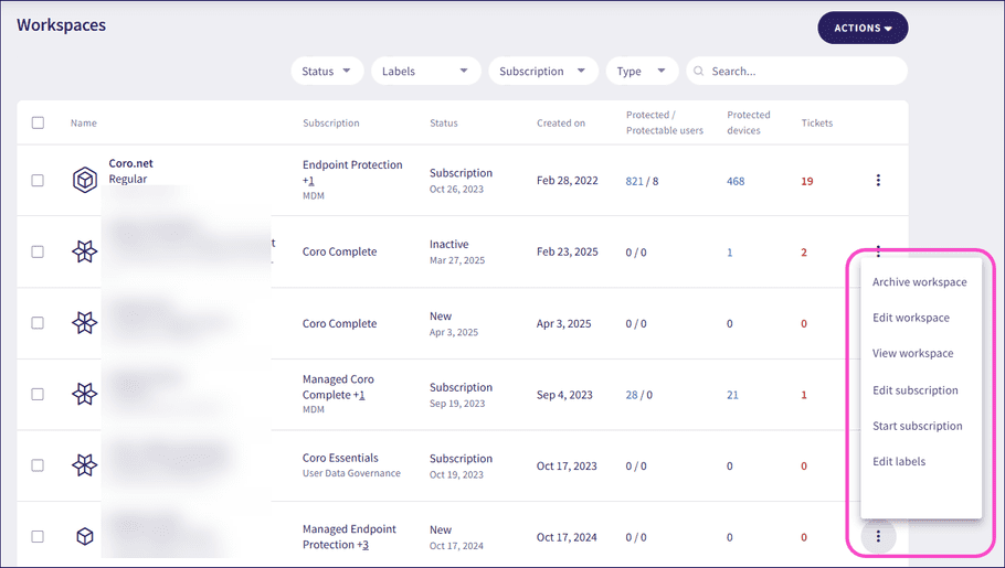 Workspace actions