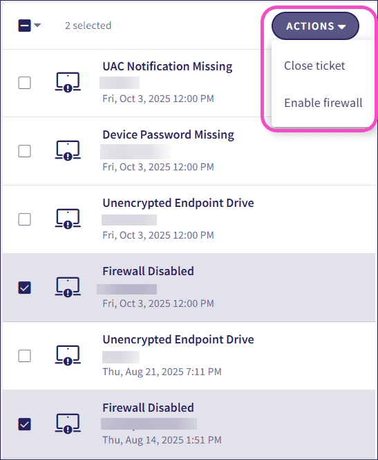Actions for the Ticket Log